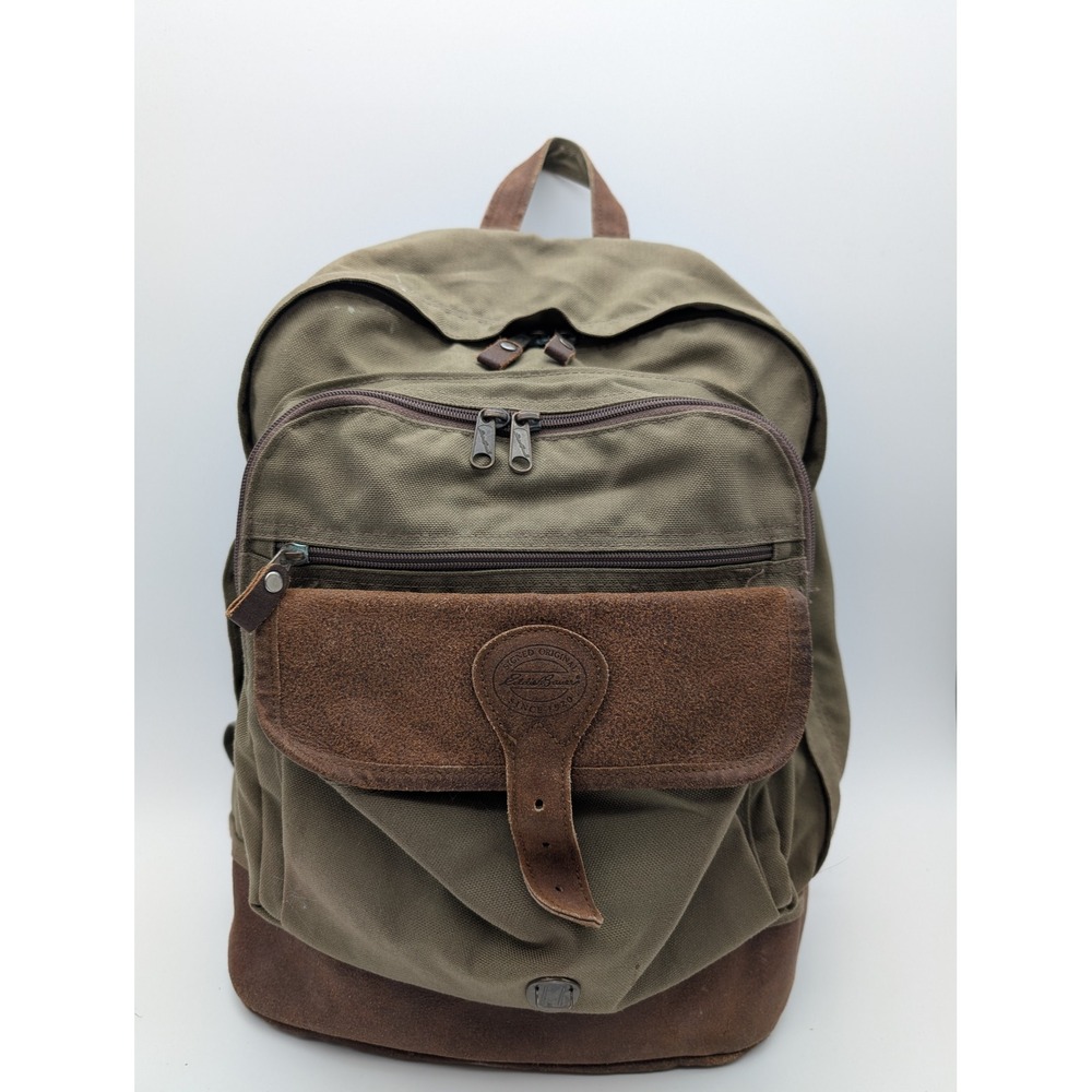 Eddie Bauer Canvas Suede Leather Backpack Olive Green VTG Style Rucksack READ!